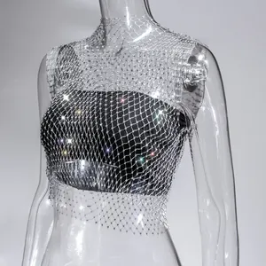 Macro view of sparkly silver rhinestone mesh tank top with colorful crystal details