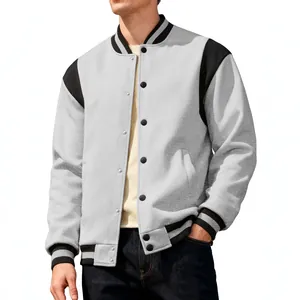 Classic men's grey varsity jacket featuring black color block sleeves and striped ribbed trim