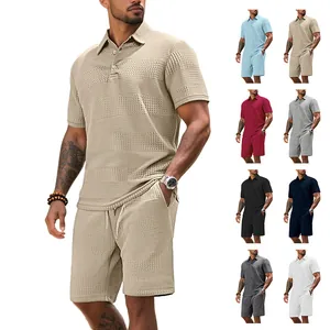 Men's summer polo short sleeve set with textured jacquard fabric in multiple colors