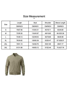 Detaillierte Größentabelle für die khakifarbene Herren-Bomberjacke mit Maßen in cm.