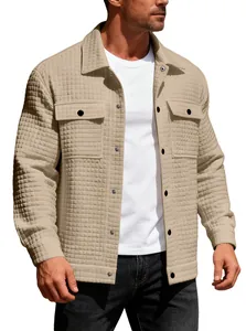 Detailed view of men's beige waffle textured button-down jacket with chest pockets