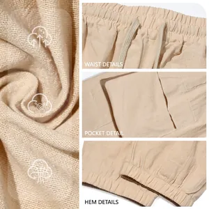 Dettagli macro di pantaloni casual in lino beige con coulisse in vita e tasche pratiche.