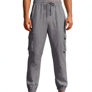 Pantaloni cargo casual da uomo in lino grigio con coulisse per l'estate