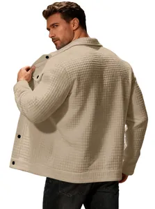 Back view of men's waffle knit single-breasted jacket with textured grid pattern.