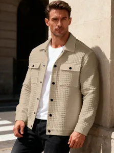 Detailed view of men's waffle texture jacquard jacket with single-breasted buttons
