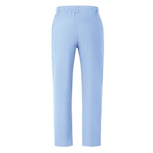 Detailed back view of men's breathable light blue cotton linen casual straight trousers