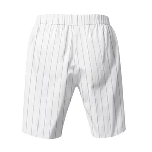 Back view of men's white pinstriped linen shorts with comfortable elastic waistband detail.
