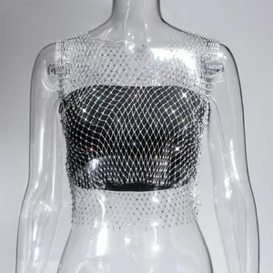 Close-up detail of the sexy silver rhinestone mesh fishnet top for sparkly nightclub wear