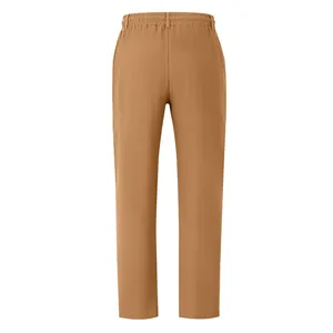 Back view of men's breathable brown cotton linen casual pants with elastic waist