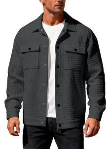 Detailed view of dark grey waffle textured men's casual jacket with single-breasted buttons