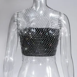 Close-up of sparkling silver rhinestone mesh fishnet crop top vest for party wear outfits
