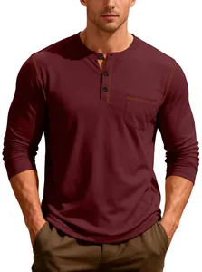 Henley bordeaux à manches longues pour hommes avec coutures contrastées et poche