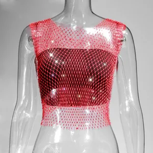 Detailed close-up of a sexy red fishnet mesh tank top decorated with sparkling rhinestones.