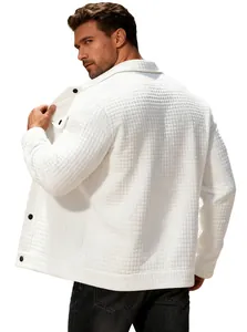 Back view detail of men's white waffle knit jacket with textured jacquard fabric