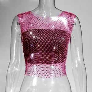 Close-up view of a sexy pink mesh tank top featuring sparkling rhinestone details