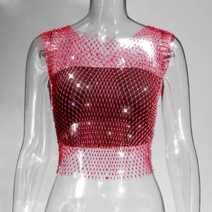 Detail view of sexy red fishnet crop top with sparkling rhinestone embellishments