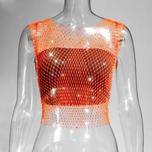 Detailed view of sexy orange fishnet mesh top featuring sparkling rhinestones for nightclub wear
