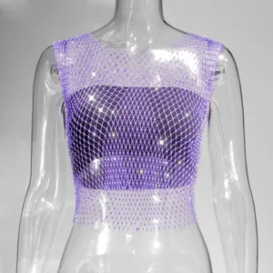 Detailed view of purple fishnet mesh vest top with sparkling rhinestone details
