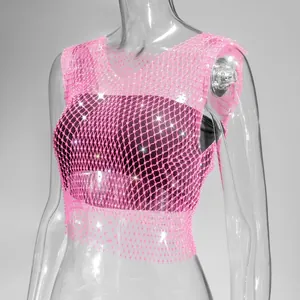 Detailed close-up of pink rhinestone fishnet tank top with sparkling diamond accents