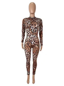 Leopard print mesh slim-fit long-sleeved jumpsuit on a professional mannequin view