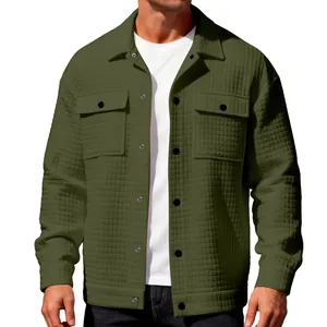 Men's casual olive green waffle knit jacket with single-breasted button closure