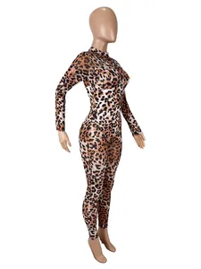 Sexy long sleeve leopard print mesh bodysuit with slim fit shown on a mannequin