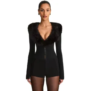 Sexy slim fit long sleeve romper with elegant black faux fur collar for party wear.