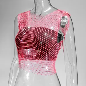 Close-up of a sexy pink rhinestone fishnet mesh tank top with sparkling jewel details