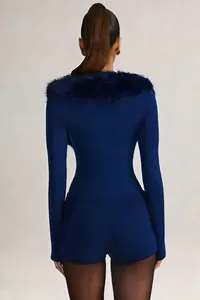Back view of navy blue long sleeve bodysuit with faux fur collar for evening parties