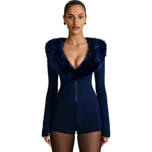 Detailed view of navy blue slim fit romper with luxury faux fur collar for party wear