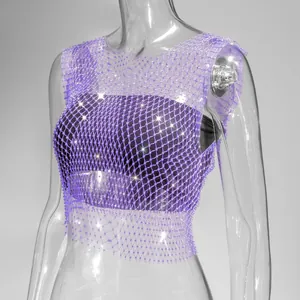 Close-up detail of a sexy purple fishnet tank top with sparkling rhinestones on mesh