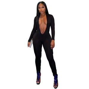 Sexy black long sleeve jumpsuit with deep V neckline and bodycon fit for women fashion