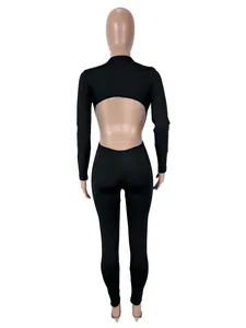 Mono ajustado negro sexy de manga larga con espalda descubierta para mujer estilo