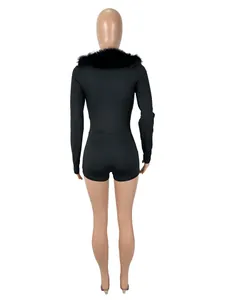 Back view of black slim fit jumpsuit featuring a luxurious faux fur collar detail