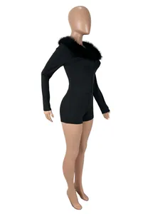 Sexy black slim fit long sleeve romper featuring a luxurious faux fur collar detail
