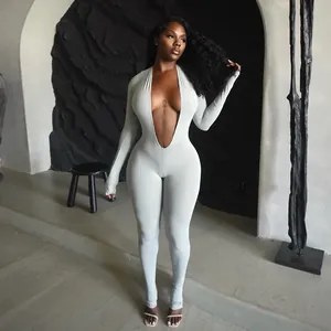 Stylish and sexy light gray long-sleeved tight jumpsuit featuring a deep-V neckline for women