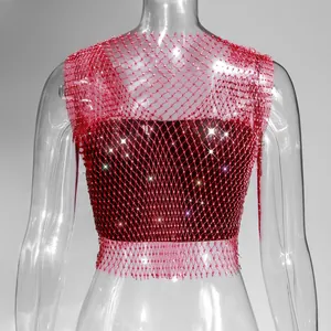 Close-up detail of sexy red fishnet mesh crop top featuring sparkling rhinestone embellishments
