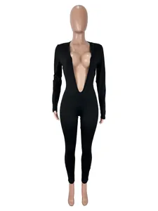 Detailed front view of a sexy deep V-neck long sleeve black slim-fit jumpsuit for women