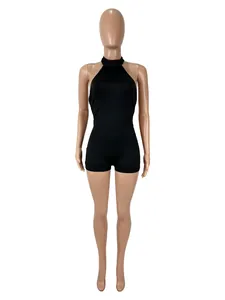 Schwarzer Neckholder Jumpsuit rückenfrei ärmellos sexy einfarbiger Romper Damen