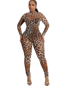 Sexy leopard print sheer mesh bodycon jumpsuit with long sleeves and mock neck.