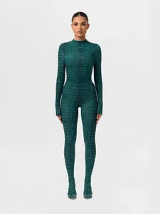 Damen Sexy Grün Schlangenmuster Stehkragen Langarm Slim Fit Jumpsuit Mit Füßen Unitard Bodysuit Clubwear Streetwear Jumpsuit