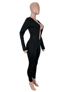 Sexy black deep V-neck long sleeve tight jumpsuit bodysuit for women evening party clubwear