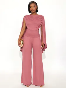 Completi da Donna Sexy in Maglia a Costine Top Senza Maniche e Pantaloni a Gamba Larga Design a Mantella Tinta Unita Rosa