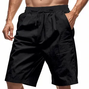 Close-up of black breathable linen drawstring shorts for men's summer wear