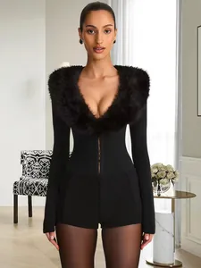Women Sexy Long Sleeve Faux Fur Collar Romper Slim Fit Hook And Eye Bodycon Jumpsuit For Evening Party Clubwear