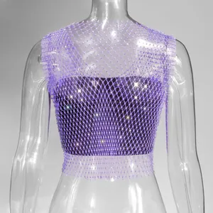 Close-up detail of purple mesh fishnet top with sparkling rhinestones for night parties