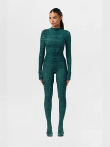Grüner Schlangenmuster Langarm-Body Jumpsuit mit verbundenen Socken für Frauen