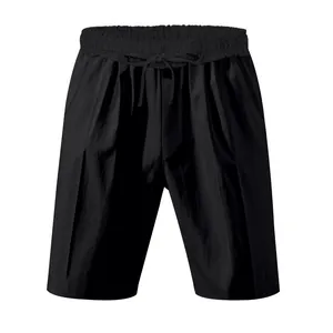 Close-up view of black men's breathable linen shorts featuring an adjustable drawstring waist