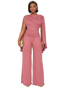 Completo due pezzi malva da donna con top a mantella ed elegante pantalone largo a vita alta