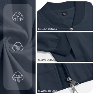 Dunkelblaue Baumwolljacke für Herren mit Reißverschluss und Detailansichten der Ärmel